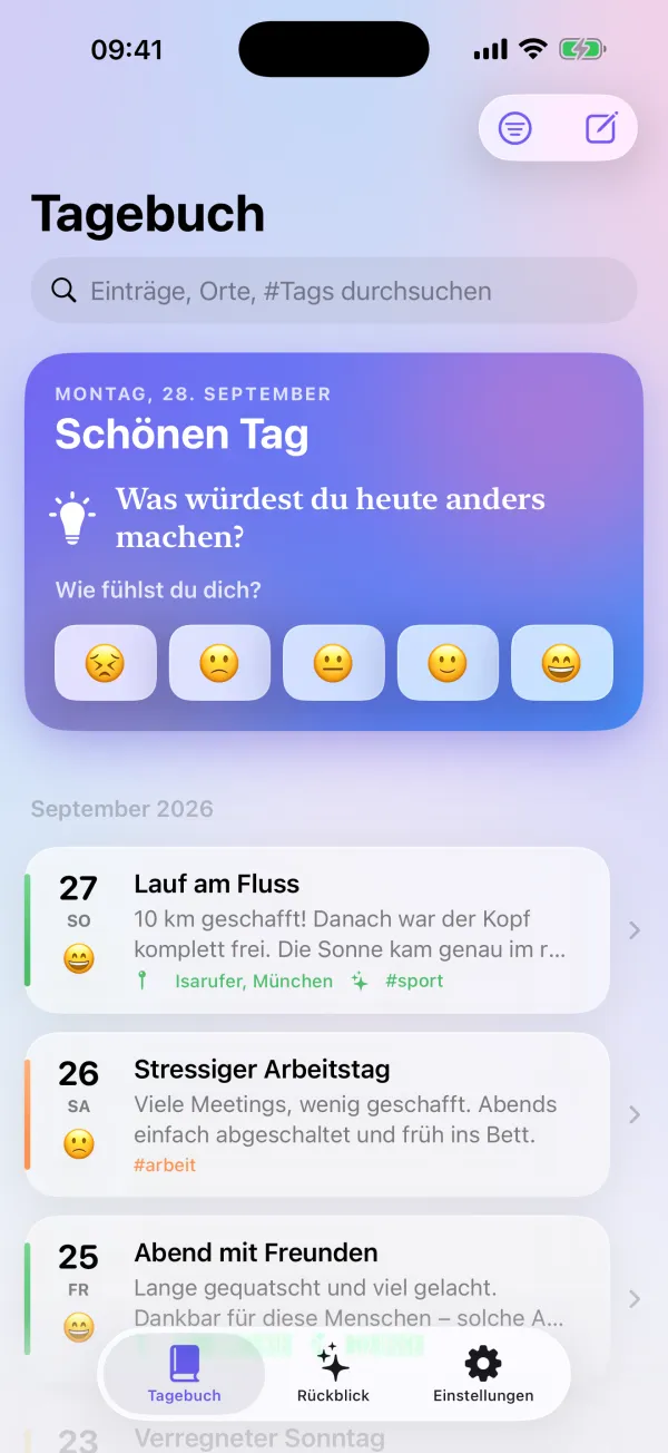 DayNote Startseite mit Stimmungs-Check-in